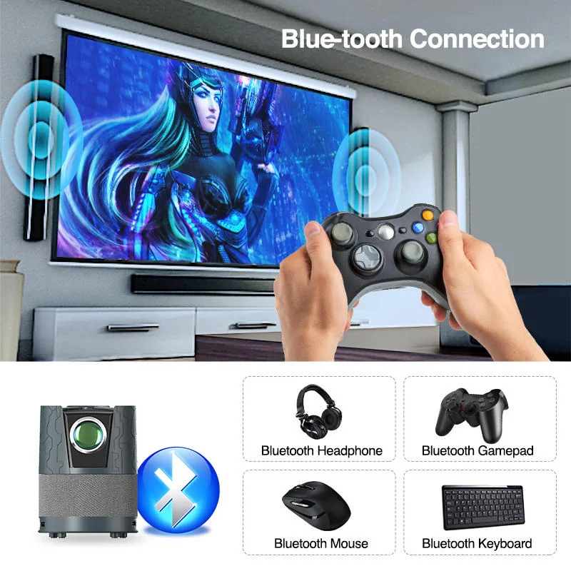 PocketBeam projecting onto a wall with Bluetooth gamepad, headphone, mouse, and keyboard pairing shown